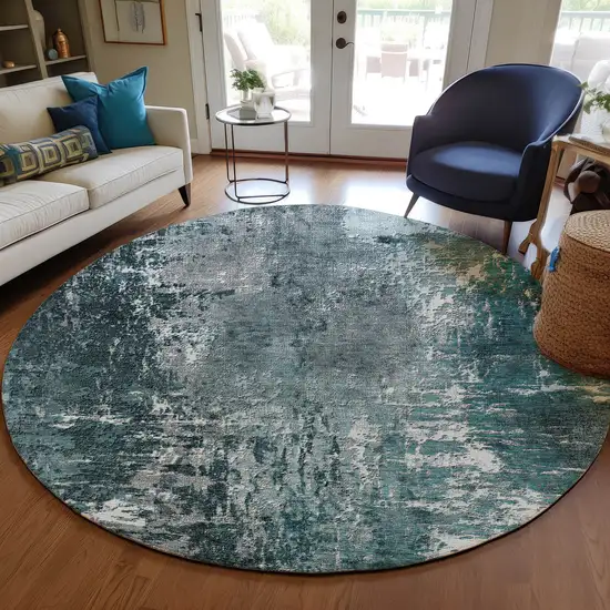 8' Teal Blue Gray And Charcoal Round Abstract Washable Indoor Outdoor Area Rug Photo 7