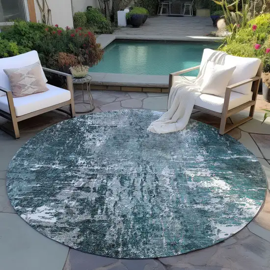 8' Teal Blue Gray And Charcoal Round Abstract Washable Indoor Outdoor Area Rug Photo 6