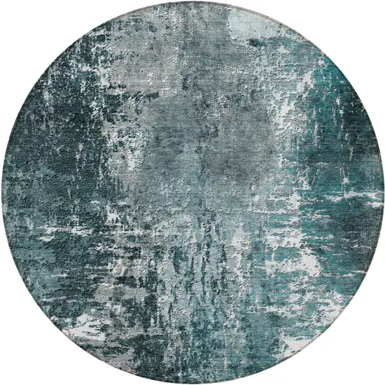 8' Teal Blue Gray And Charcoal Round Abstract Washable Indoor Outdoor Area Rug Photo 1