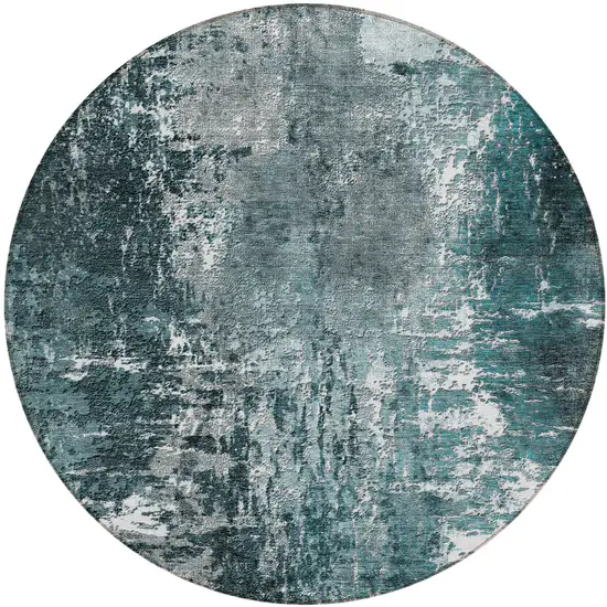 8' Teal Blue Gray And Charcoal Round Abstract Washable Indoor Outdoor Area Rug Photo 1