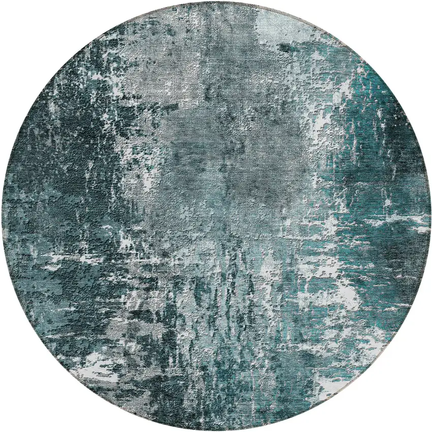 8' Teal Blue Gray And Charcoal Round Abstract Washable Indoor Outdoor Area Rug Photo 1