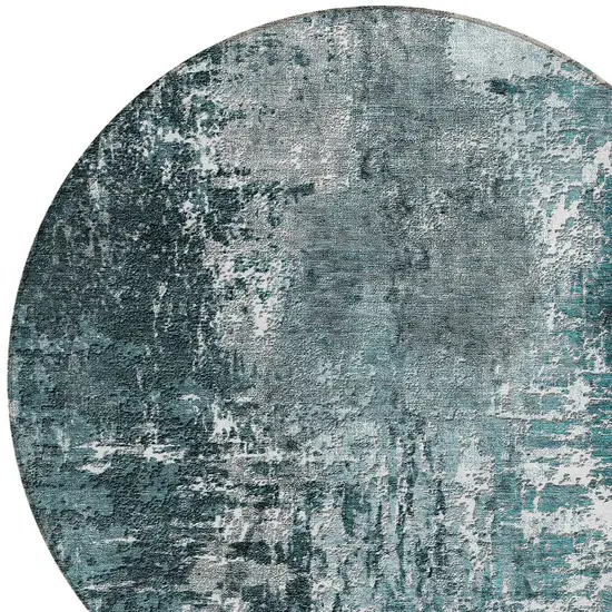 8' Teal Blue Gray And Charcoal Round Abstract Washable Indoor Outdoor Area Rug Photo 4
