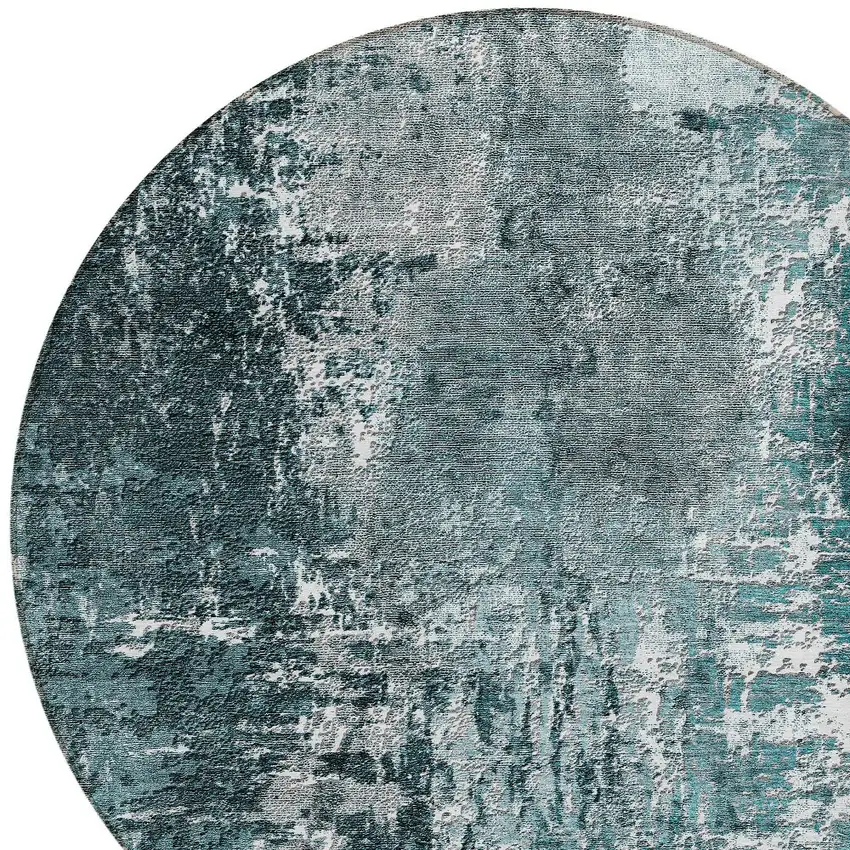 8' Teal Blue Gray And Charcoal Round Abstract Washable Indoor Outdoor Area Rug Photo 4