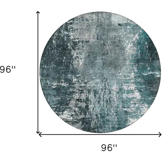 8' Teal Blue Gray And Charcoal Round Abstract Washable Indoor Outdoor Area Rug Photo 8