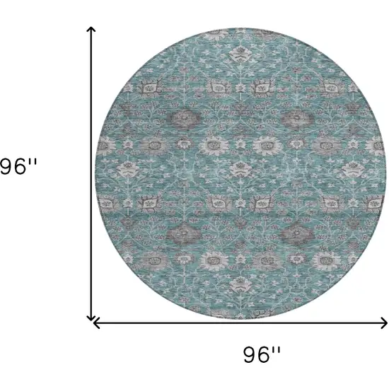 8' Teal Blue Gray And Charcoal Round Floral Washable Indoor Outdoor Area Rug Photo 8