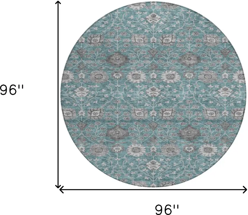 8' Teal Blue Gray And Charcoal Round Floral Washable Indoor Outdoor Area Rug Photo 8