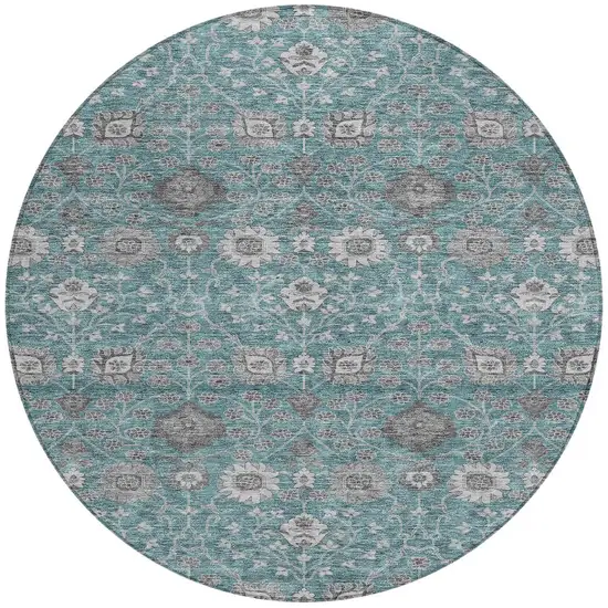 8' Teal Blue Gray And Charcoal Round Floral Washable Indoor Outdoor Area Rug Photo 7