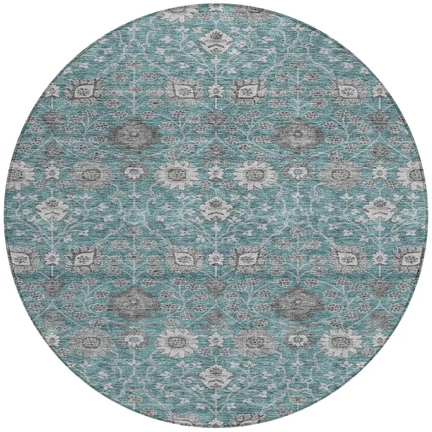 8' Teal Blue Gray And Charcoal Round Floral Washable Indoor Outdoor Area Rug Photo 7