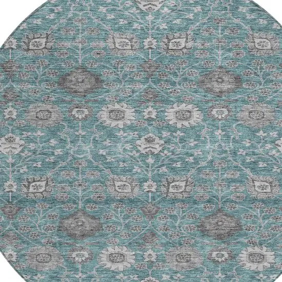 8' Teal Blue Gray And Charcoal Round Floral Washable Indoor Outdoor Area Rug Photo 6