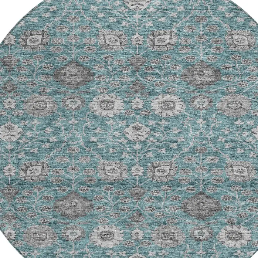 8' Teal Blue Gray And Charcoal Round Floral Washable Indoor Outdoor Area Rug Photo 6