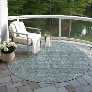 Photo of 8' Teal Blue Gray And Charcoal Round Floral Washable Indoor Outdoor Area Rug