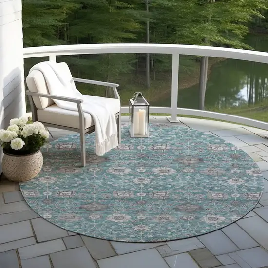 8' Teal Blue Gray And Charcoal Round Floral Washable Indoor Outdoor Area Rug Photo 8