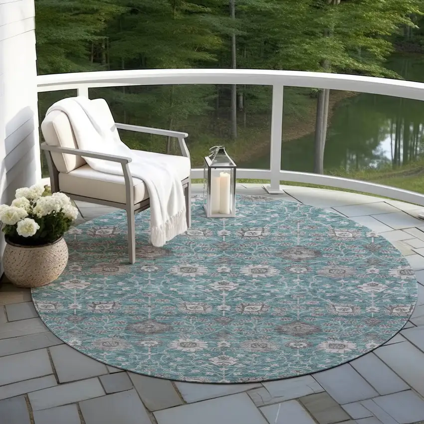 8' Teal Blue Gray And Charcoal Round Floral Washable Indoor Outdoor Area Rug Photo 8