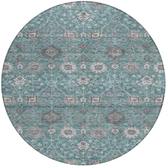 8' Teal Blue Gray And Charcoal Round Floral Washable Indoor Outdoor Area Rug Photo 2