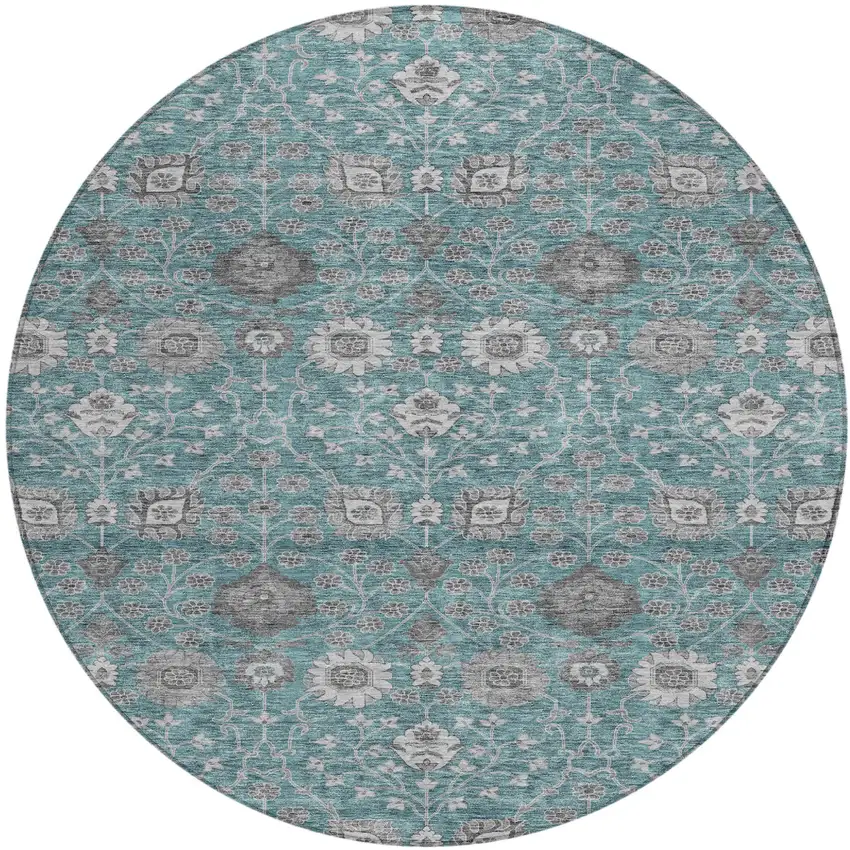 8' Teal Blue Gray And Charcoal Round Floral Washable Indoor Outdoor Area Rug Photo 2