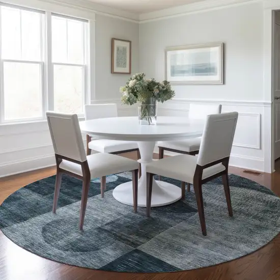 8' Teal Blue Gray And Charcoal Round Geometric Washable Indoor Outdoor Area Rug Photo 8