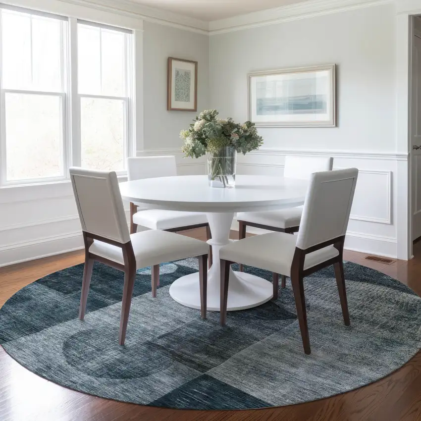 8' Teal Blue Gray And Charcoal Round Geometric Washable Indoor Outdoor Area Rug Photo 8