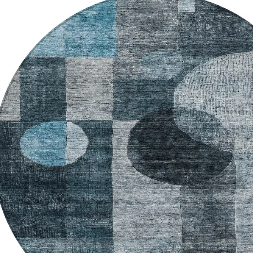 8' Teal Blue Gray And Charcoal Round Geometric Washable Indoor Outdoor Area Rug Photo 5