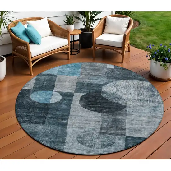 8' Teal Blue Gray And Charcoal Round Geometric Washable Indoor Outdoor Area Rug Photo 1