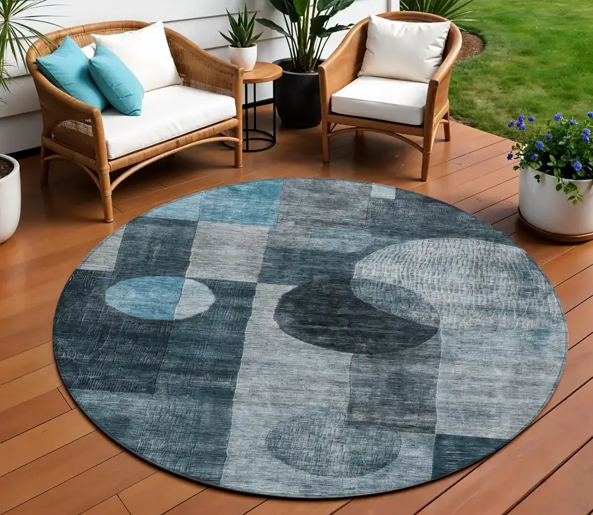 8' Teal Blue Gray And Charcoal Round Geometric Washable Indoor Outdoor Area Rug Photo 1