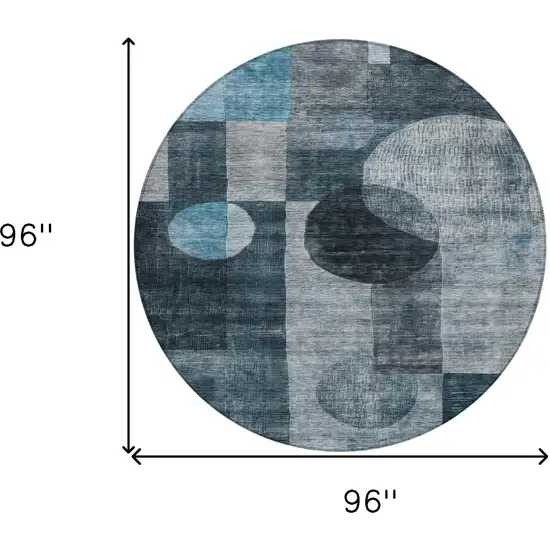 8' Teal Blue Gray And Charcoal Round Geometric Washable Indoor Outdoor Area Rug Photo 9