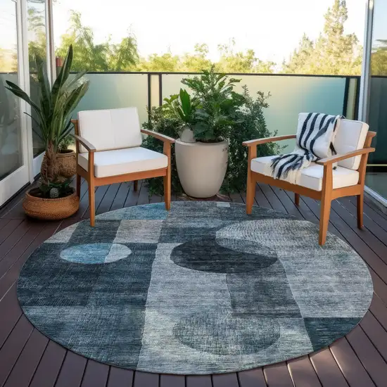 8' Teal Blue Gray And Charcoal Round Geometric Washable Indoor Outdoor Area Rug Photo 7