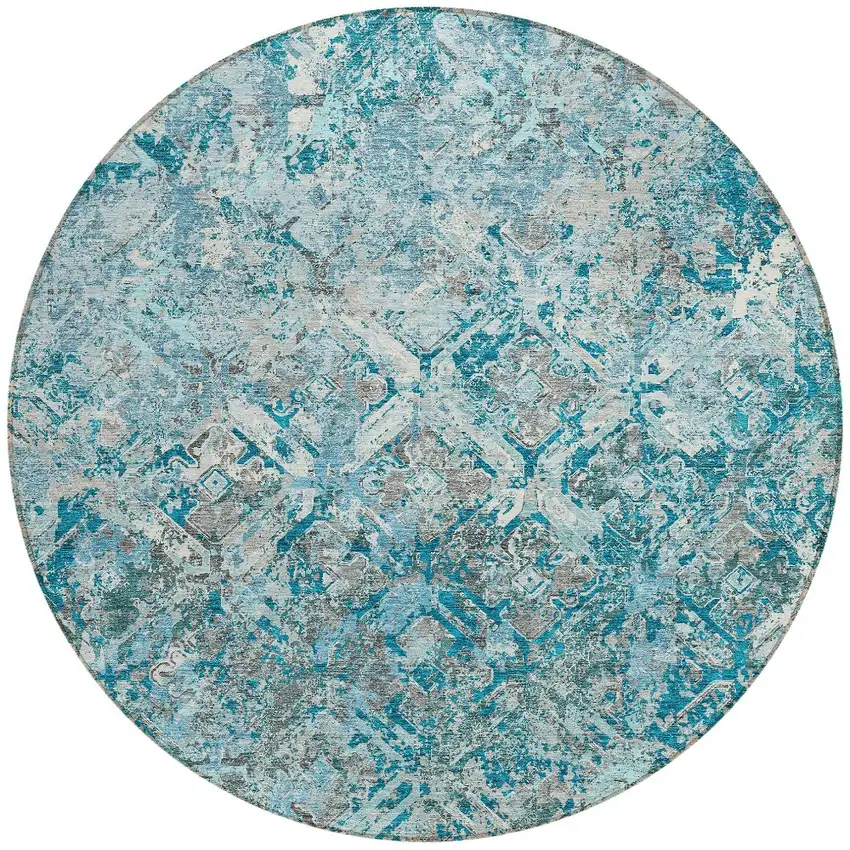 8' Teal Blue Gray And Charcoal Round Geometric Washable Indoor Outdoor Area Rug Photo 4