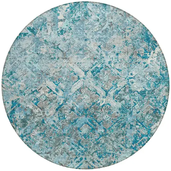 8' Teal Blue Gray And Charcoal Round Geometric Washable Indoor Outdoor Area Rug Photo 4