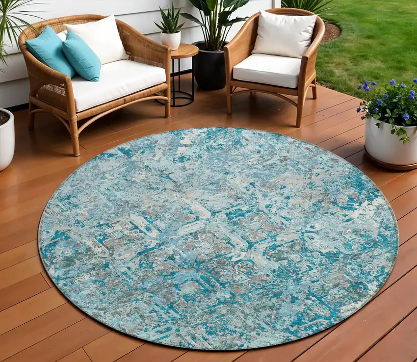 8' Teal Blue Gray And Charcoal Round Geometric Washable Indoor Outdoor Area Rug Photo 1
