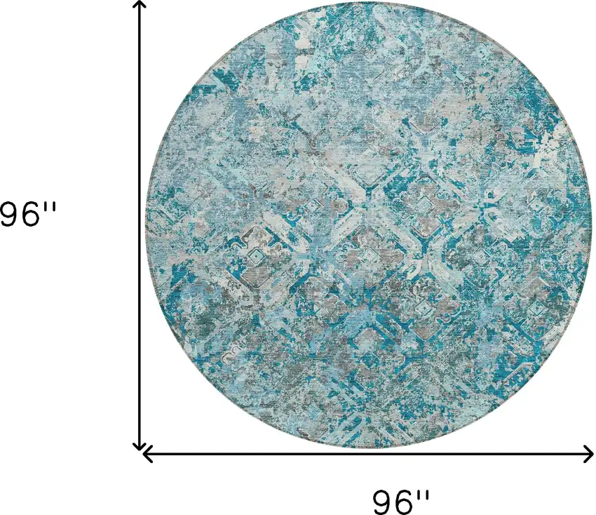 8' Teal Blue Gray And Charcoal Round Geometric Washable Indoor Outdoor Area Rug Photo 8