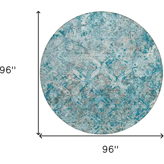 8' Teal Blue Gray And Charcoal Round Geometric Washable Indoor Outdoor Area Rug Photo 8