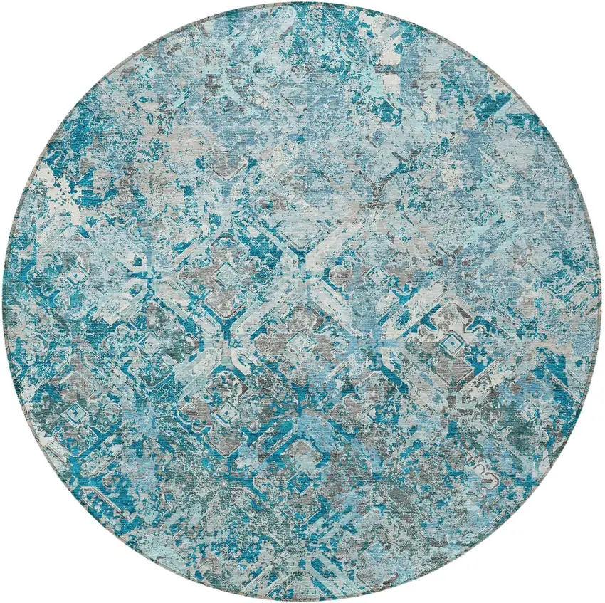 8' Teal Blue Gray And Charcoal Round Geometric Washable Indoor Outdoor Area Rug Photo 5