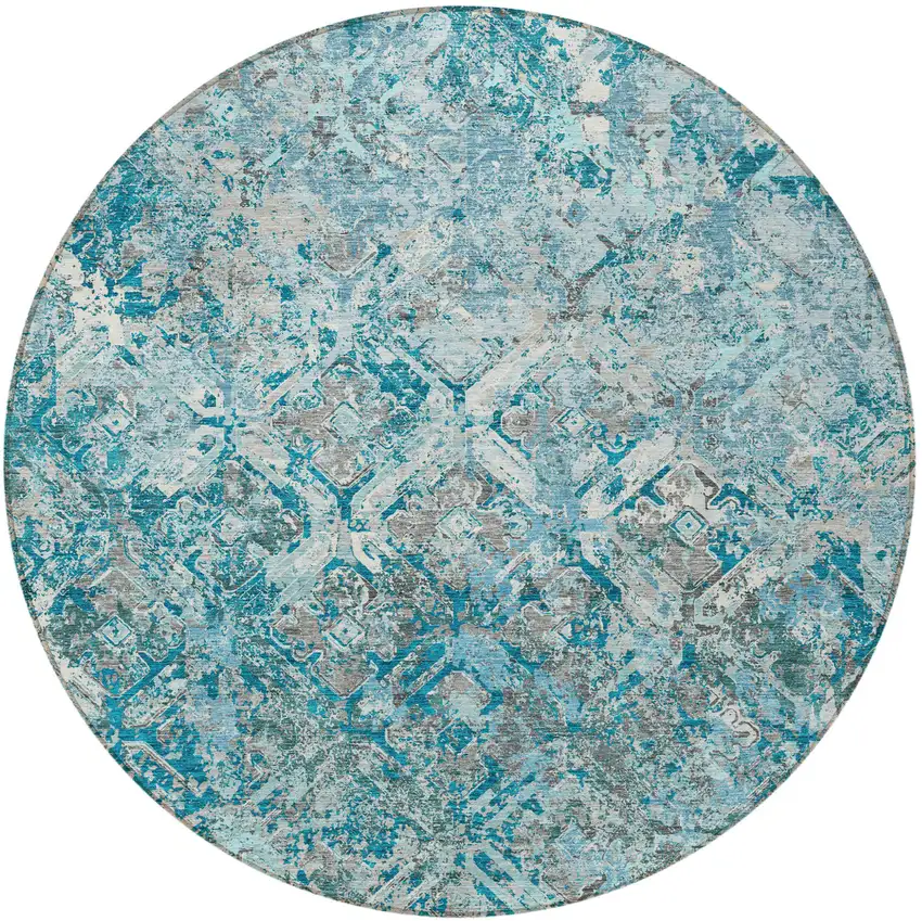 8' Teal Blue Gray And Charcoal Round Geometric Washable Indoor Outdoor Area Rug Photo 5