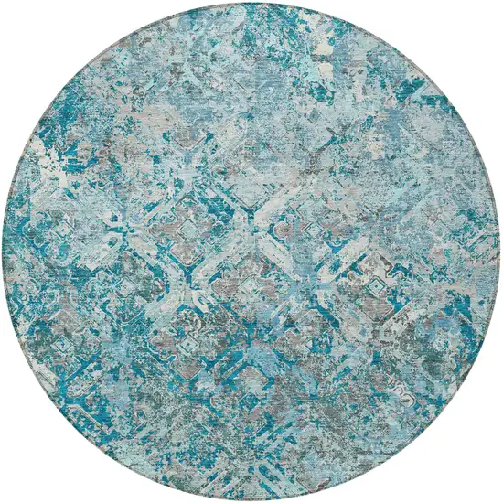 8' Teal Blue Gray And Charcoal Round Geometric Washable Indoor Outdoor Area Rug Photo 5