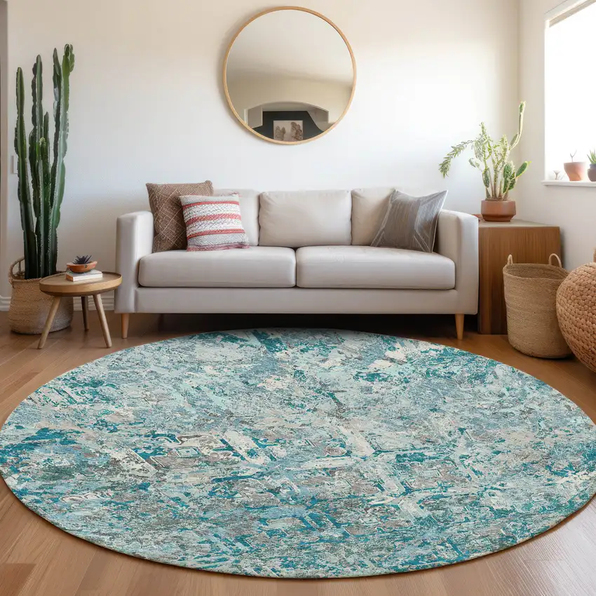 8' Teal Blue Gray And Charcoal Round Geometric Washable Indoor Outdoor Area Rug Photo 7
