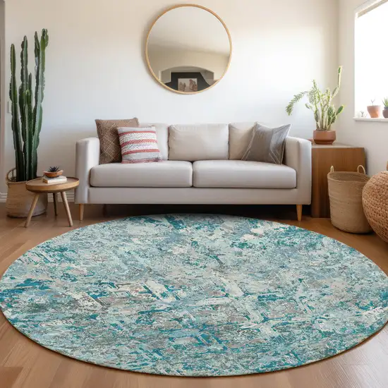 8' Teal Blue Gray And Charcoal Round Geometric Washable Indoor Outdoor Area Rug Photo 7