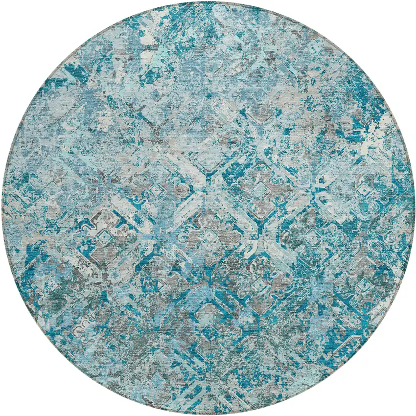 8' Teal Blue Gray And Charcoal Round Geometric Washable Indoor Outdoor Area Rug Photo 2