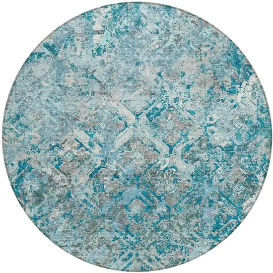 8' Teal Blue Gray And Charcoal Round Geometric Washable Indoor Outdoor Area Rug Photo 2