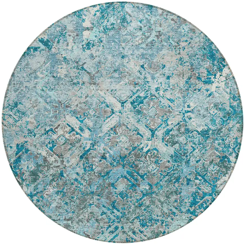 8' Teal Blue Gray And Charcoal Round Geometric Washable Indoor Outdoor Area Rug Photo 2