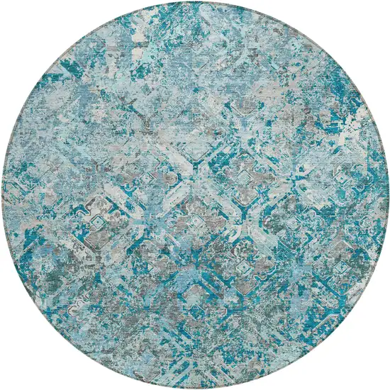 8' Teal Blue Gray And Charcoal Round Geometric Washable Indoor Outdoor Area Rug Photo 2