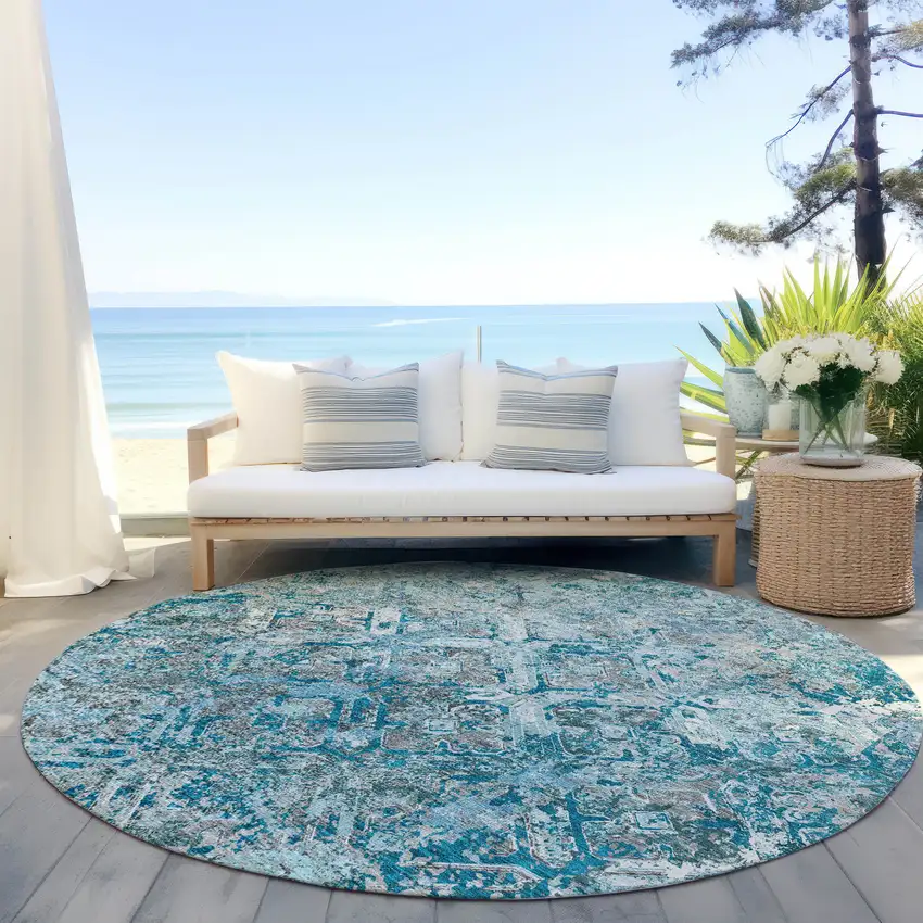 8' Teal Blue Gray And Charcoal Round Geometric Washable Indoor Outdoor Area Rug Photo 6