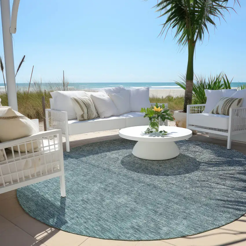 8' Teal Blue Gray And Charcoal Round Ombre Washable Indoor Outdoor Area Rug Photo 6