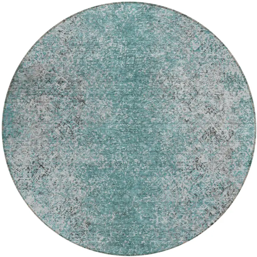 8' Teal Blue Gray And Charcoal Round Oriental Washable Indoor Outdoor Area Rug Photo 2