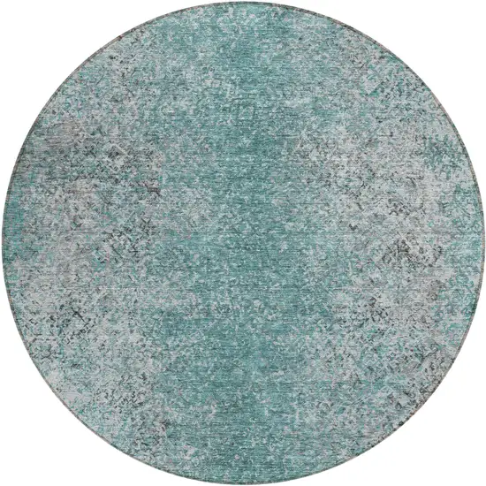 8' Teal Blue Gray And Charcoal Round Oriental Washable Indoor Outdoor Area Rug Photo 2