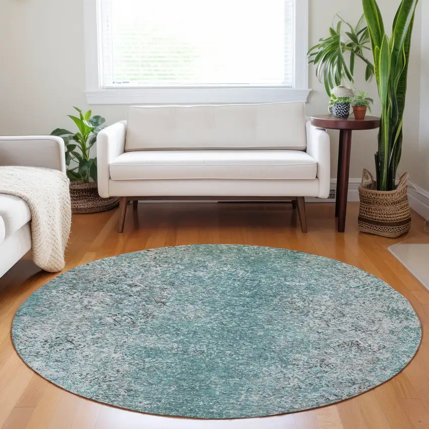 8' Teal Blue Gray And Charcoal Round Oriental Washable Indoor Outdoor Area Rug Photo 7