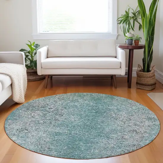 8' Teal Blue Gray And Charcoal Round Oriental Washable Indoor Outdoor Area Rug Photo 7