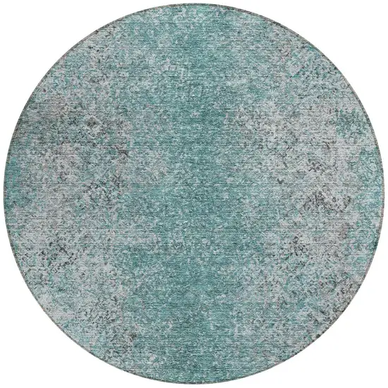 8' Teal Blue Gray And Charcoal Round Oriental Washable Indoor Outdoor Area Rug Photo 5