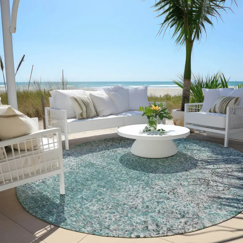8' Teal Blue Gray And Charcoal Round Oriental Washable Indoor Outdoor Area Rug Photo 6
