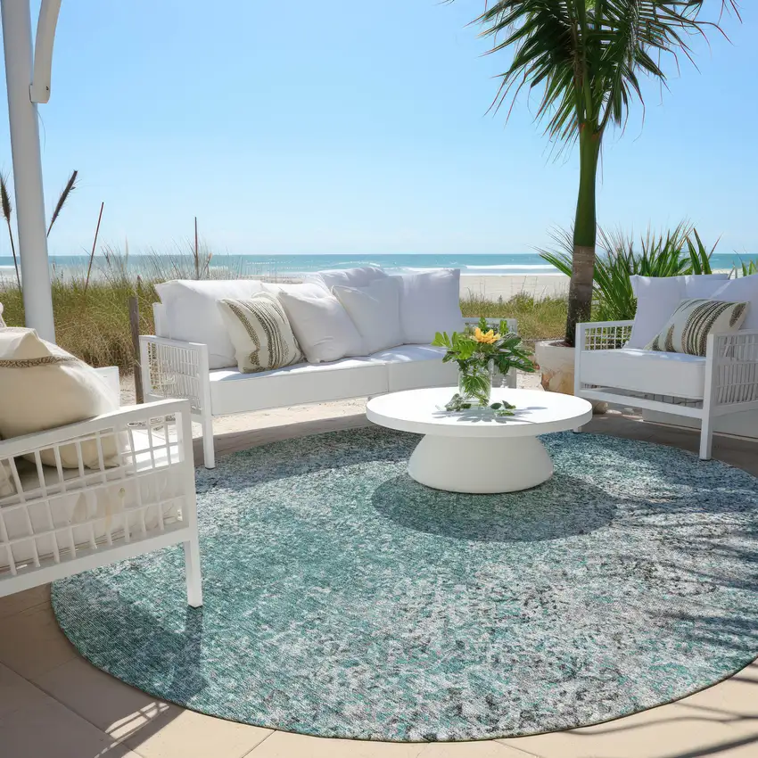 8' Teal Blue Gray And Charcoal Round Oriental Washable Indoor Outdoor Area Rug Photo 6