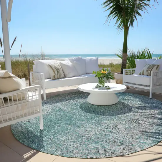 8' Teal Blue Gray And Charcoal Round Oriental Washable Indoor Outdoor Area Rug Photo 6